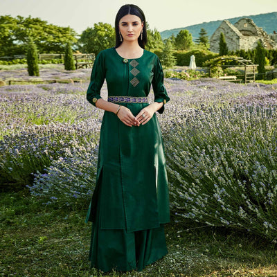 Capricious Dark Green Colored Partywear Embroidered Silk-Cotton Slub Gown