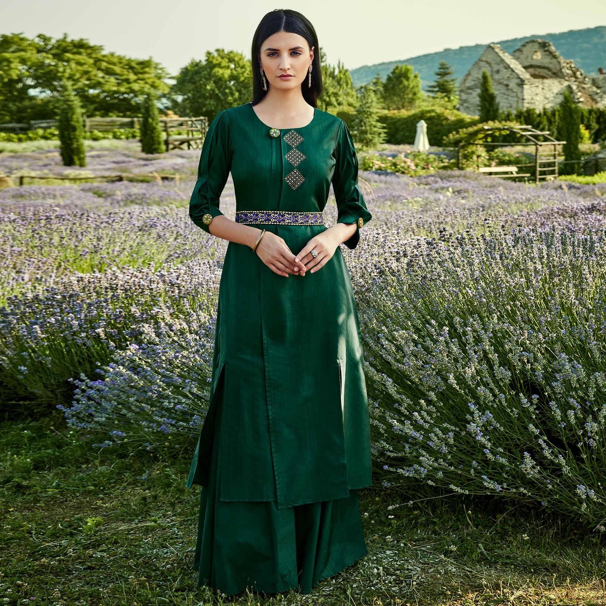 Capricious Dark Green Colored Partywear Embroidered Silk-Cotton Slub Gown