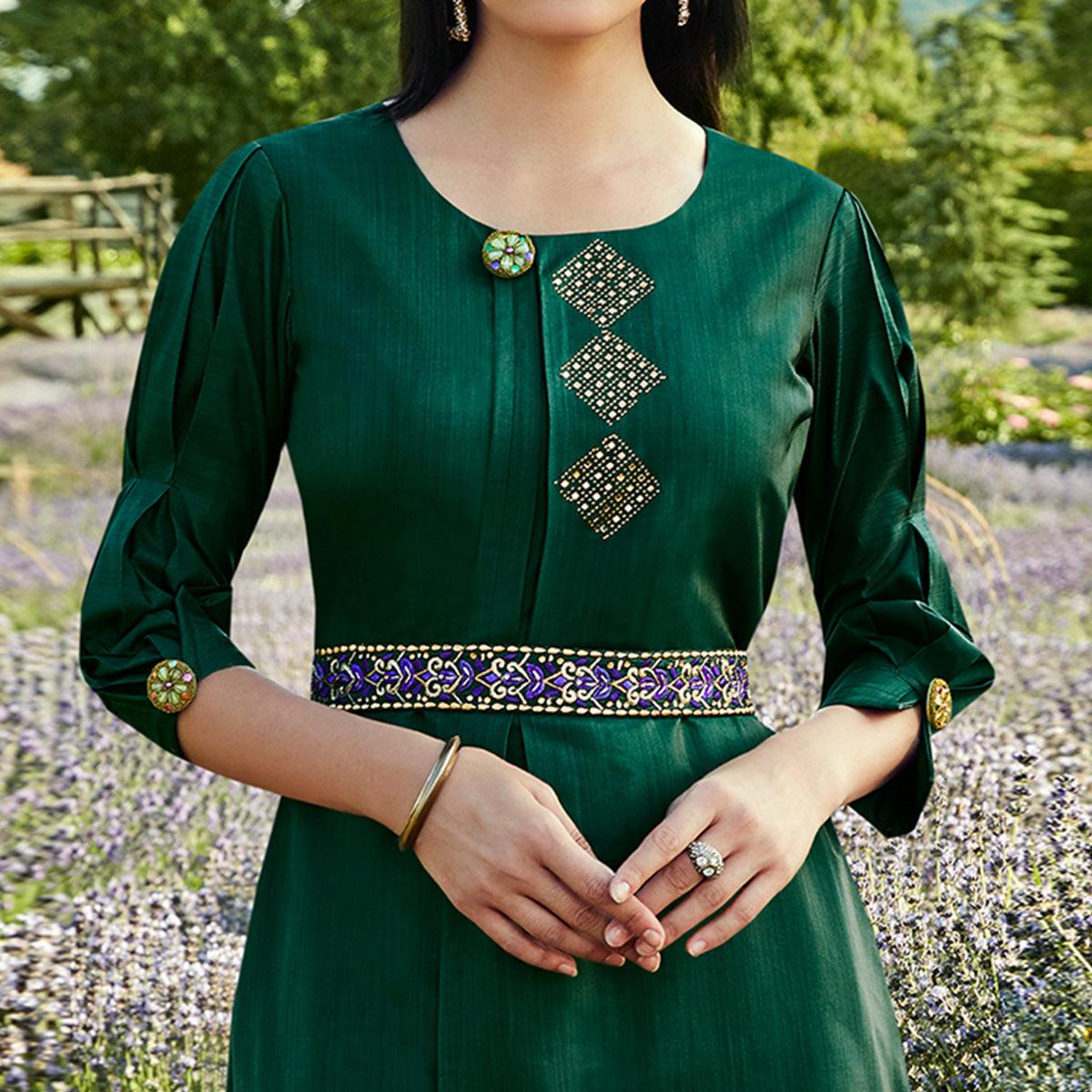 Capricious Dark Green Colored Partywear Embroidered Silk-Cotton Slub Gown