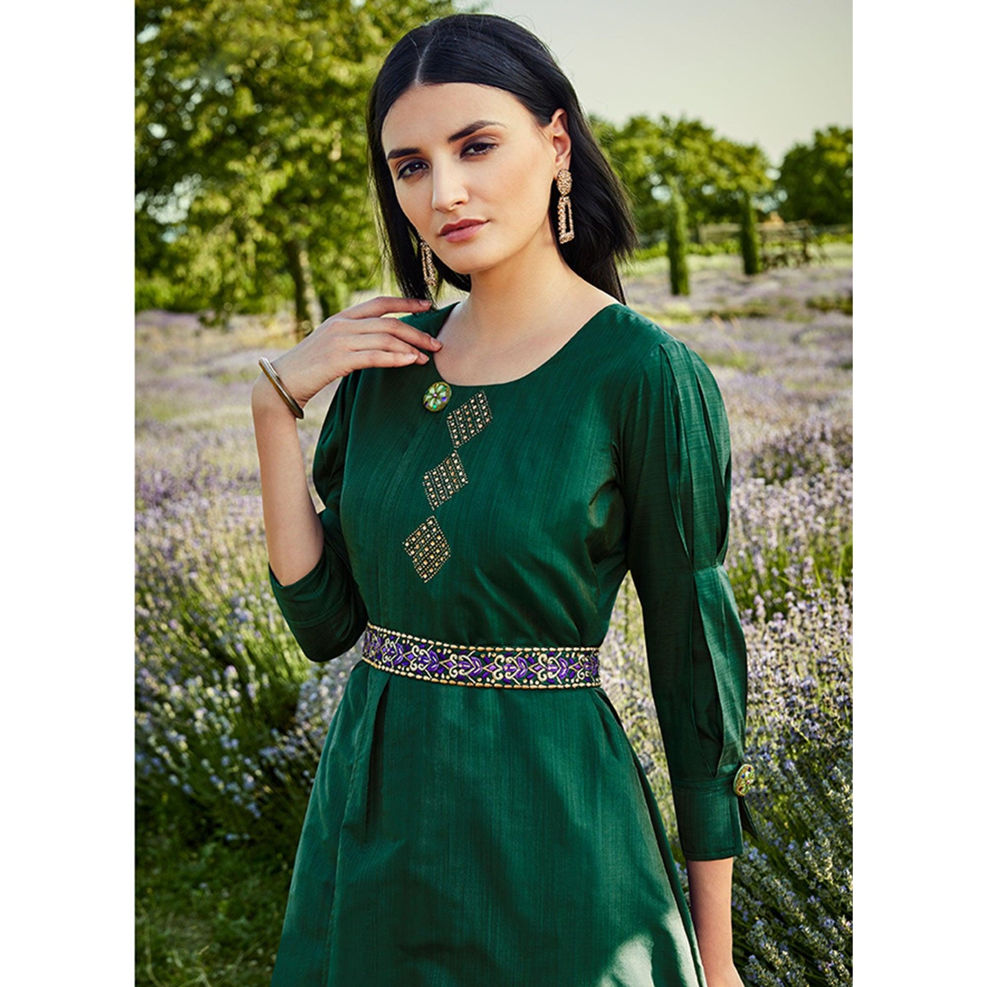 Capricious Dark Green Colored Partywear Embroidered Silk-Cotton Slub Gown