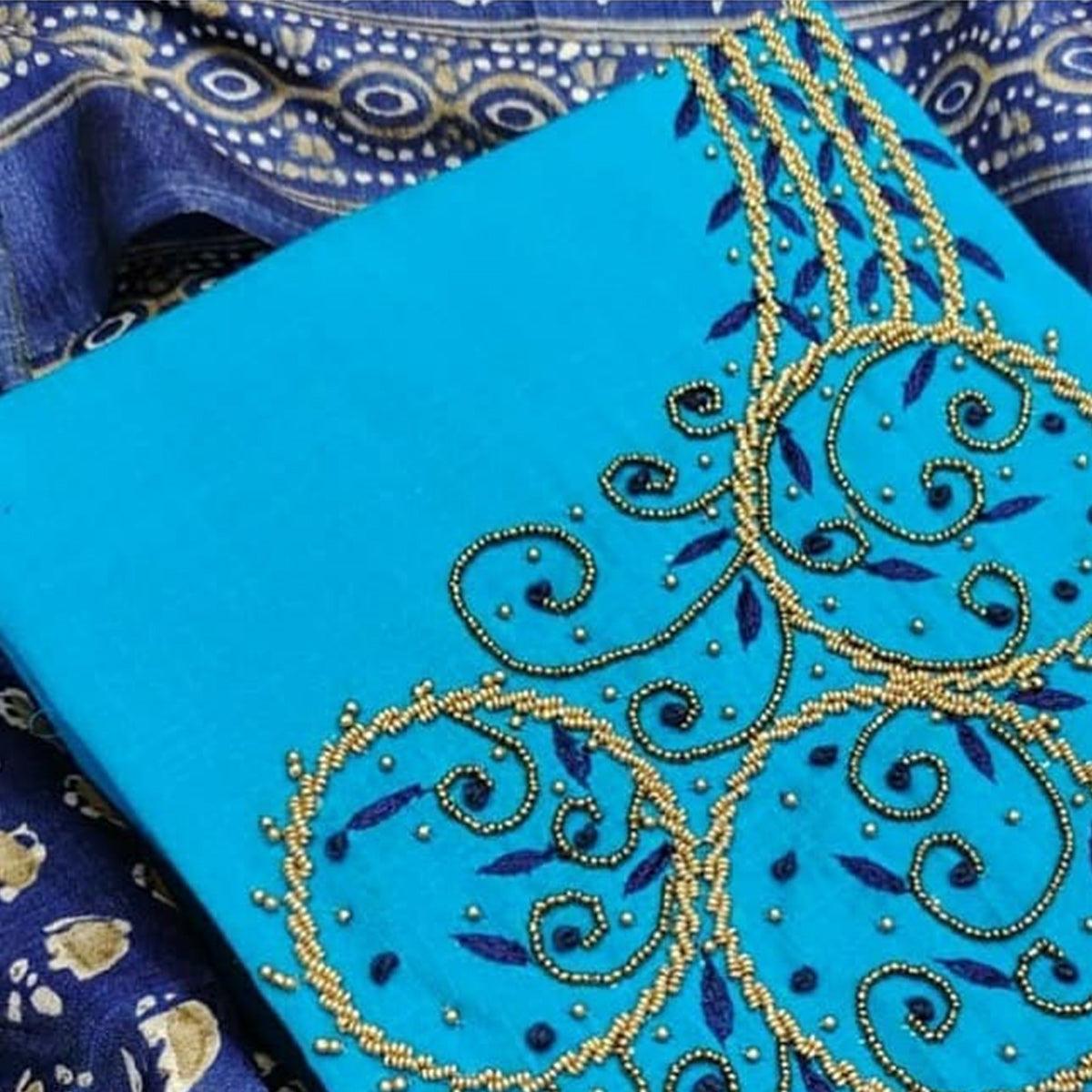 Capricious Firozi Colored Casual Wear Embroidered Modal Chanderi Dress Material