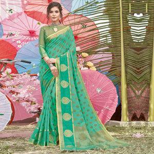 Capricious Green Coloured Festive Wear Woven Cotton Handloom Saree