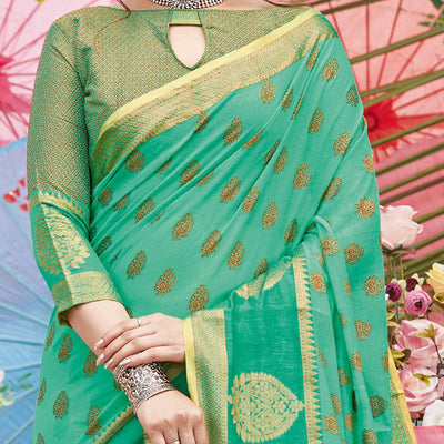 Capricious Green Coloured Festive Wear Woven Cotton Handloom Saree