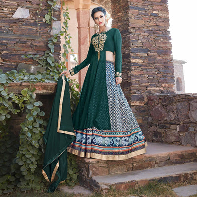 Capricious Green Designer Embroidered Partywear Georgette Lehenga Suit
