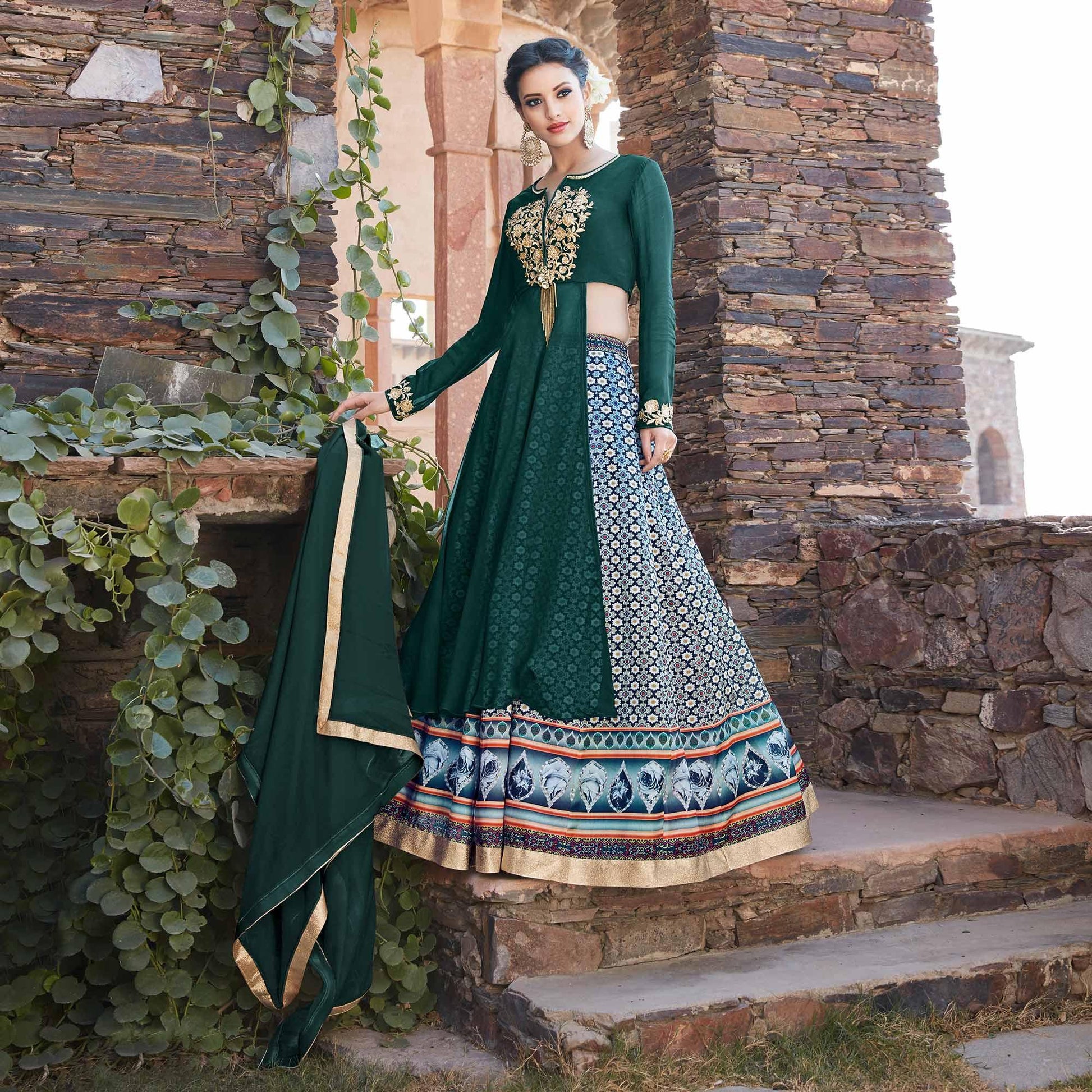 Capricious Green Designer Embroidered Partywear Georgette Lehenga Suit