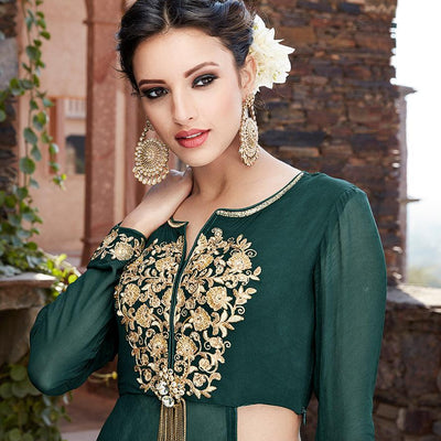 Capricious Green Designer Embroidered Partywear Georgette Lehenga Suit
