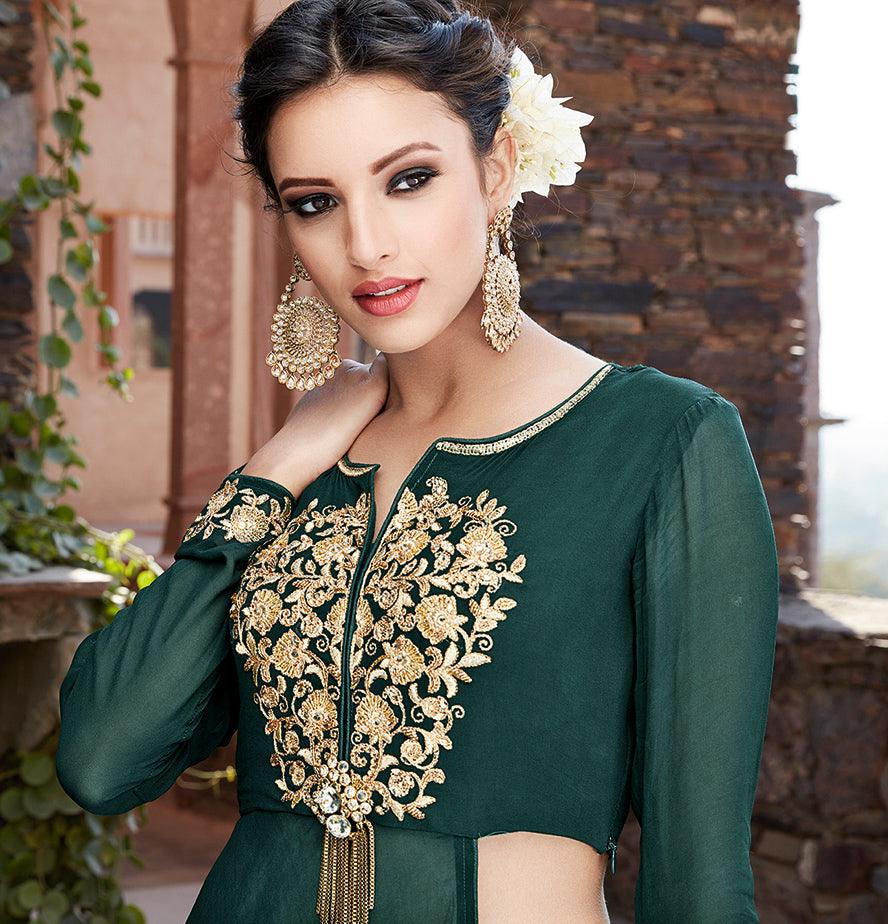 Capricious Green Designer Embroidered Partywear Georgette Lehenga Suit