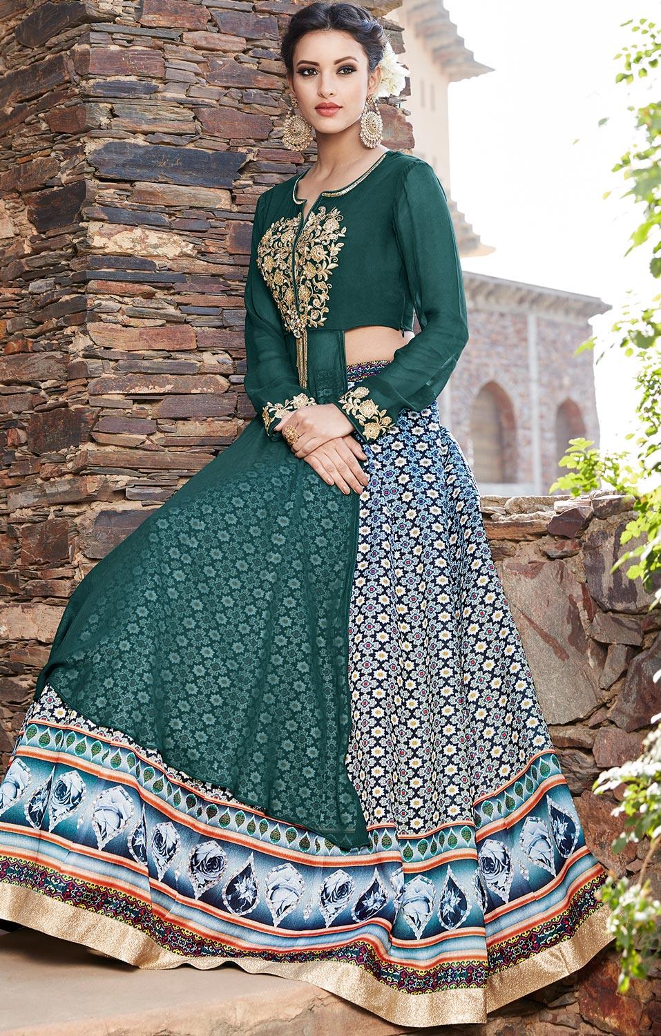 Capricious Green Designer Embroidered Partywear Georgette Lehenga Suit