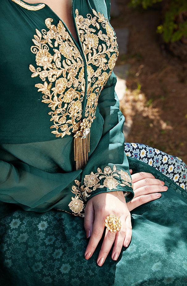 Capricious Green Designer Embroidered Partywear Georgette Lehenga Suit