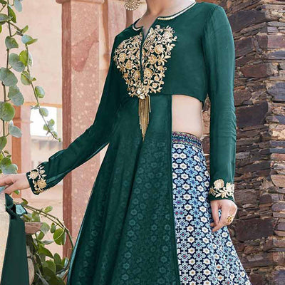 Capricious Green Designer Embroidered Partywear Georgette Lehenga Suit