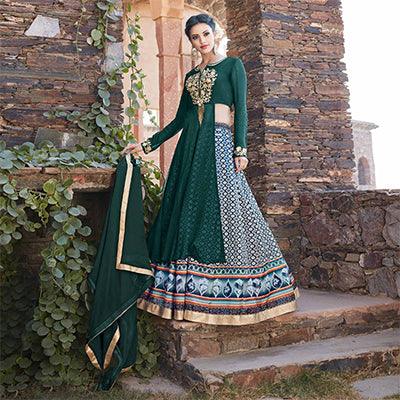 Capricious Green Designer Embroidered Partywear Georgette Lehenga Suit