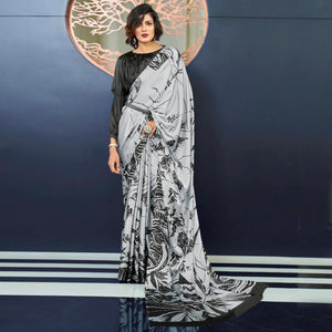 Capricious Grey Colored Partywear Fancy Printed Japan Satin-Crepe Saree