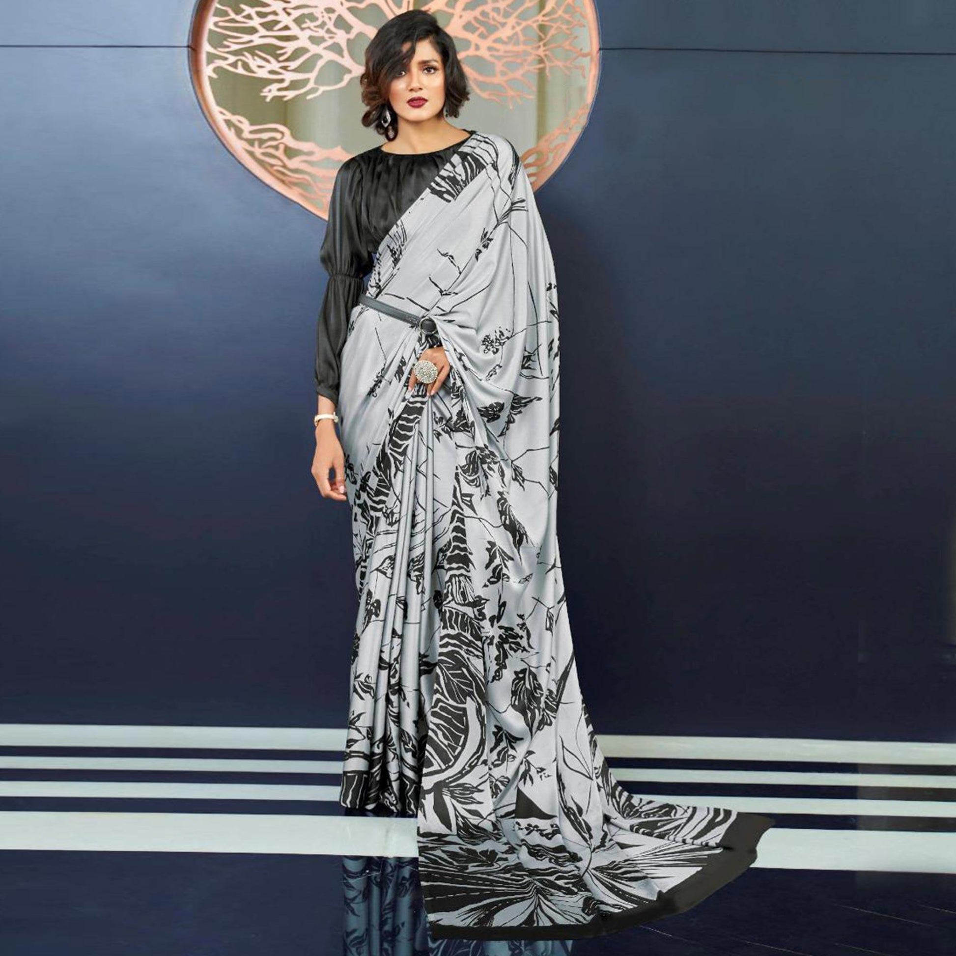 Capricious Grey Colored Partywear Fancy Printed Japan Satin-Crepe Saree