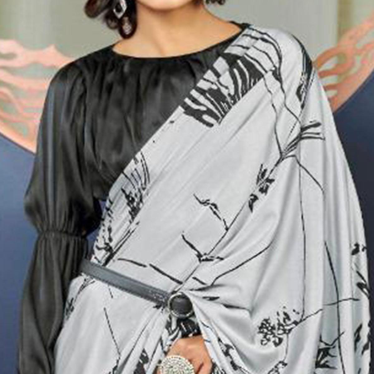 Capricious Grey Colored Partywear Fancy Printed Japan Satin-Crepe Saree