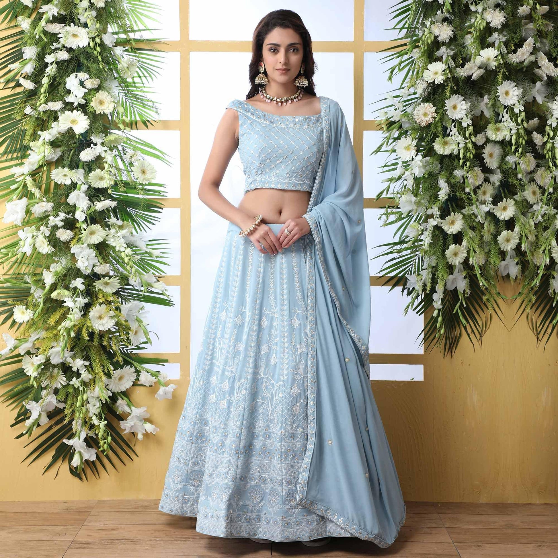 Capricious Light Blue Colored Party Wear Embroidered Georgette Legenga Choli