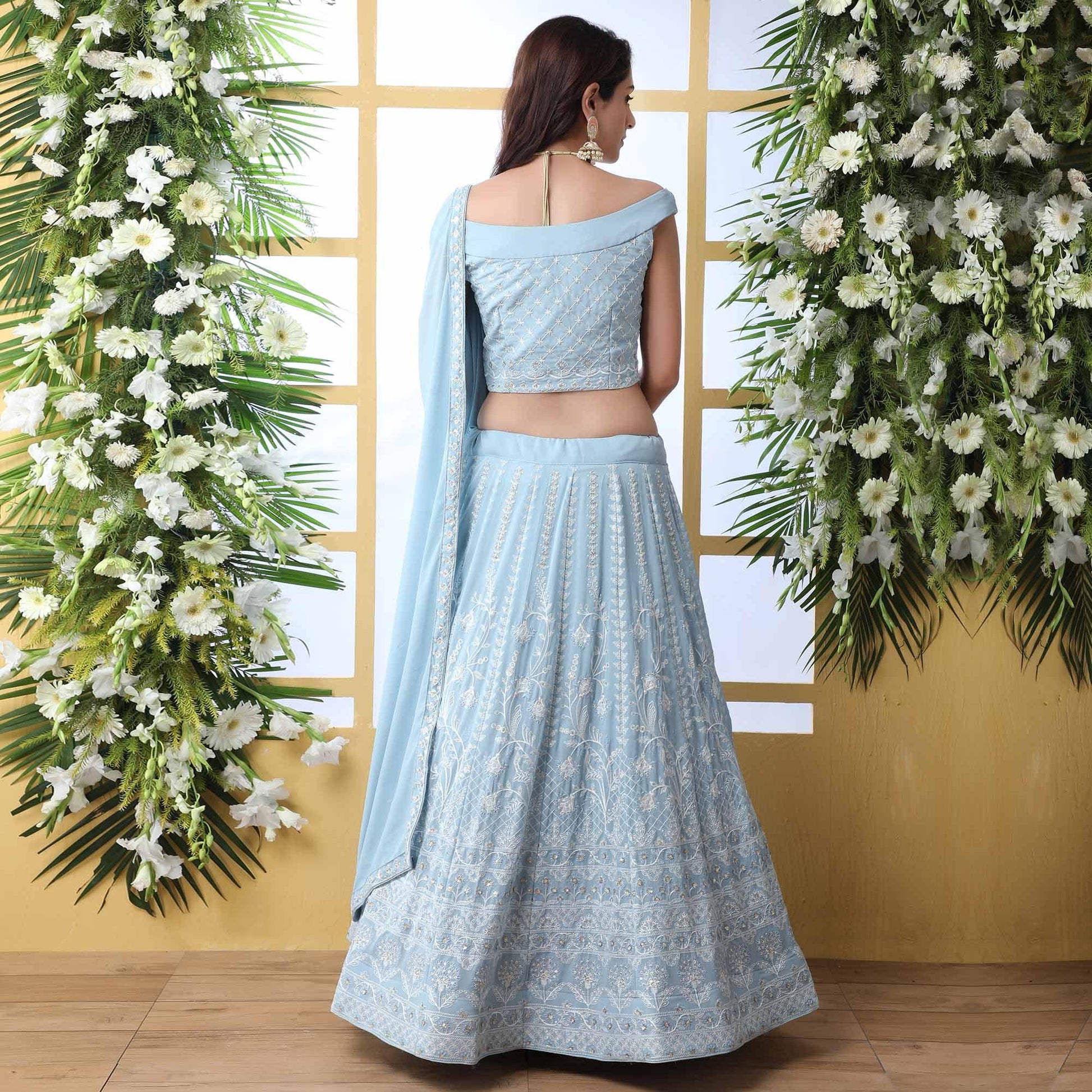 Capricious Light Blue Colored Party Wear Embroidered Georgette Legenga Choli