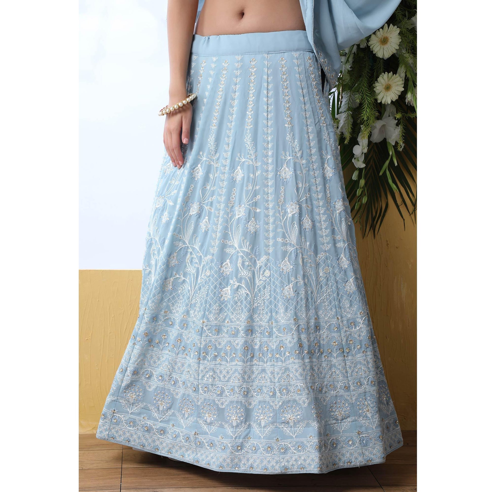 Capricious Light Blue Colored Party Wear Embroidered Georgette Legenga Choli