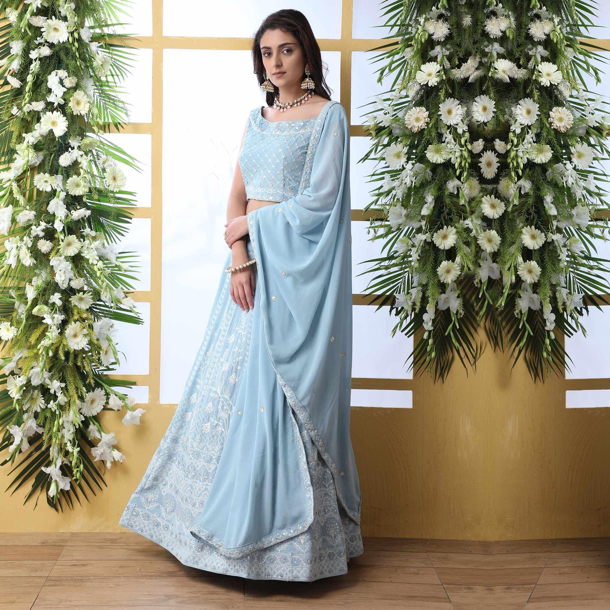 Capricious Light Blue Colored Party Wear Embroidered Georgette Legenga Choli