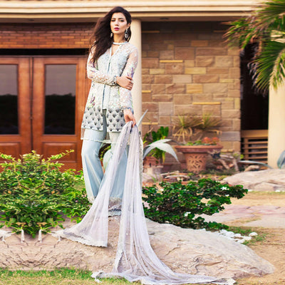 Capricious Light Blue Colored Partywear Embroidered Netted Palazzo Suit