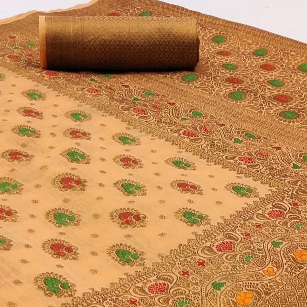 Capricious Light Peach Colored Festive Wear Woven Cotton Saree
