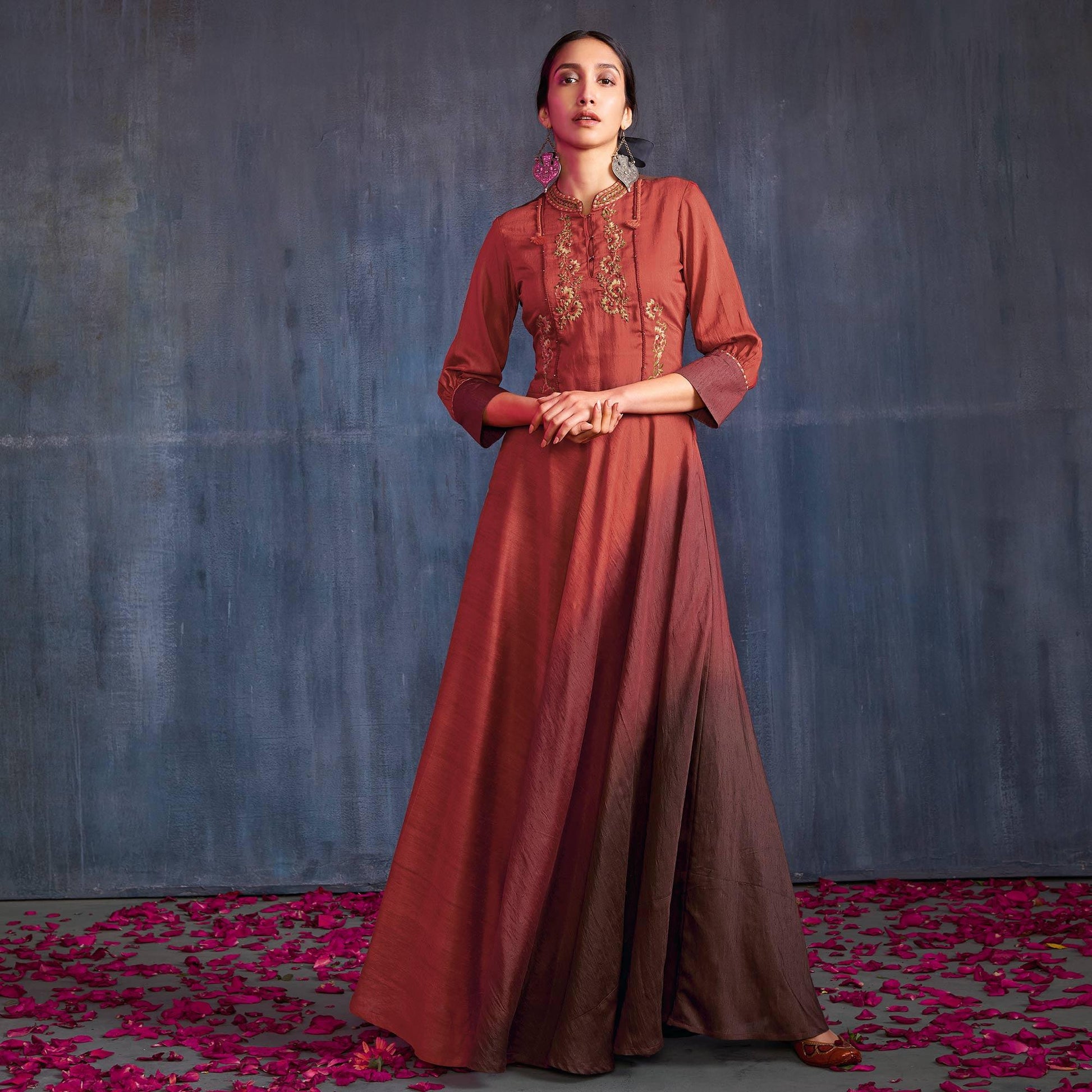 Capricious Maroon Colored Partywear Embroidered Viscose Gown