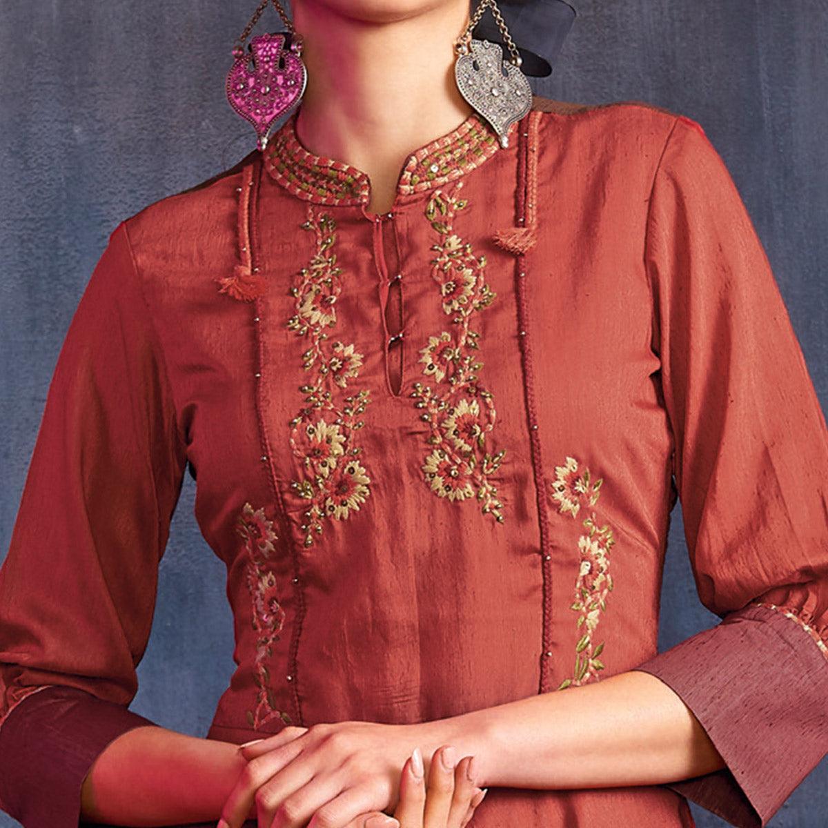 Capricious Maroon Colored Partywear Embroidered Viscose Gown