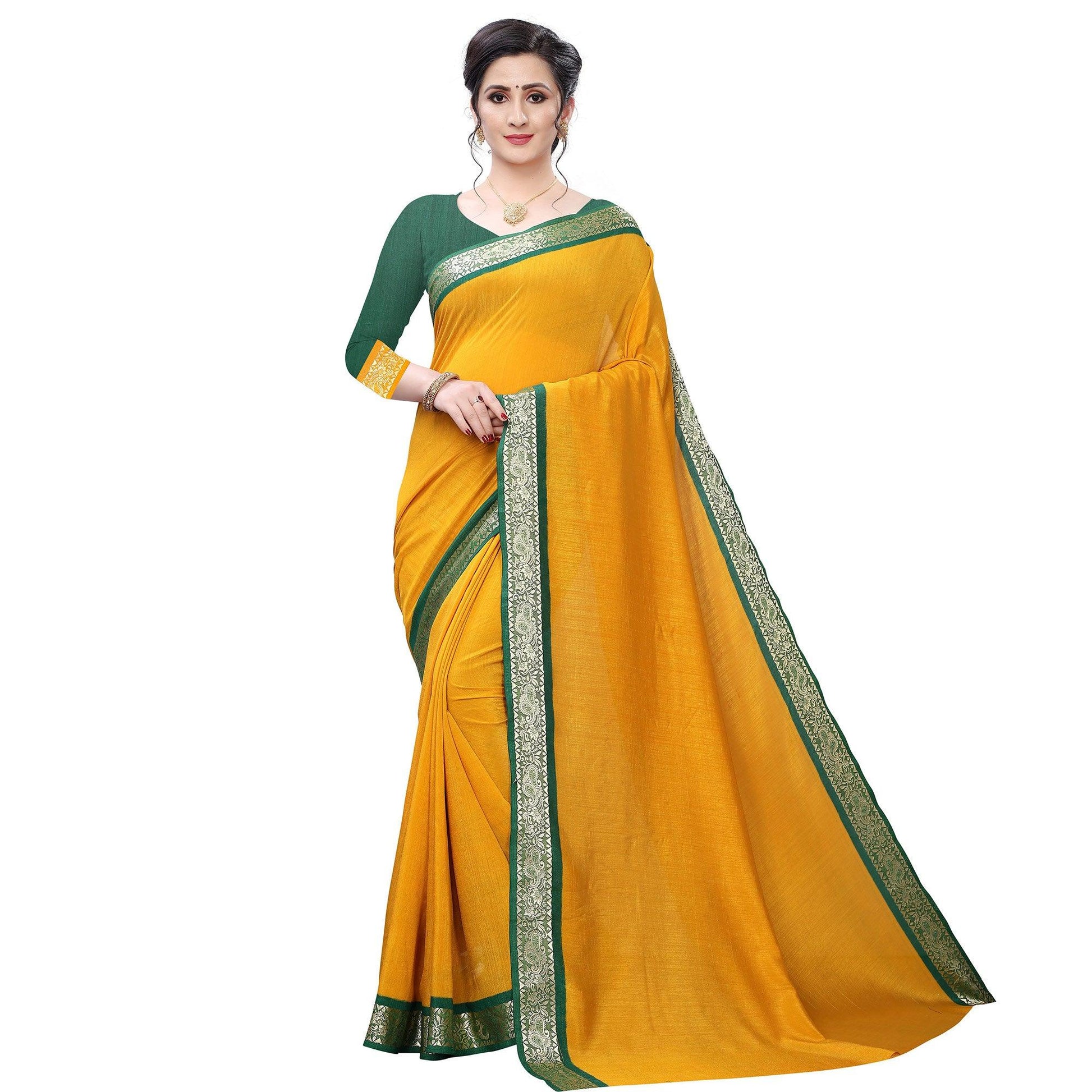 Capricious Mustard Yellow Colored Festive Wear Woven Vichitra Silk Saree