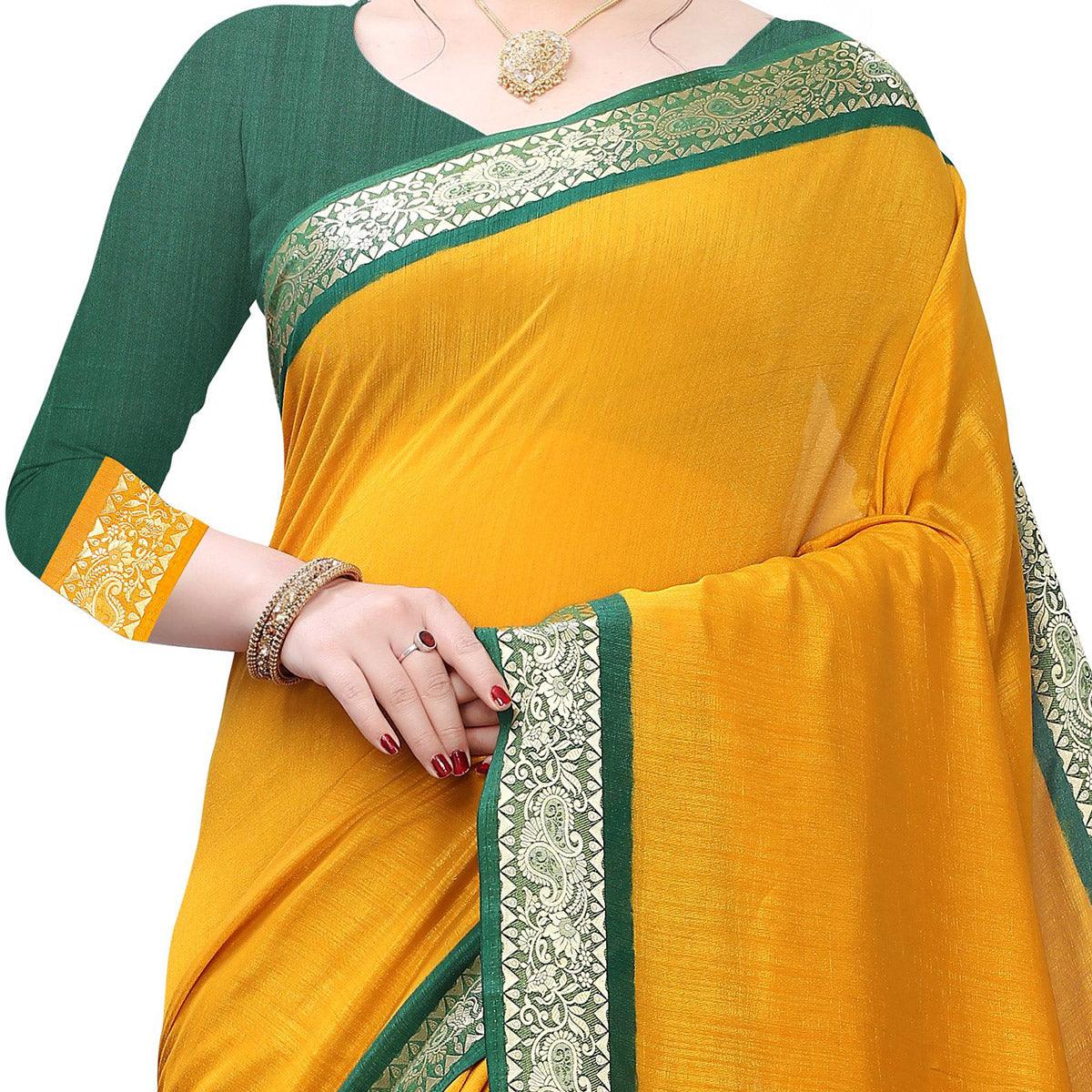 Capricious Mustard Yellow Colored Festive Wear Woven Vichitra Silk Saree