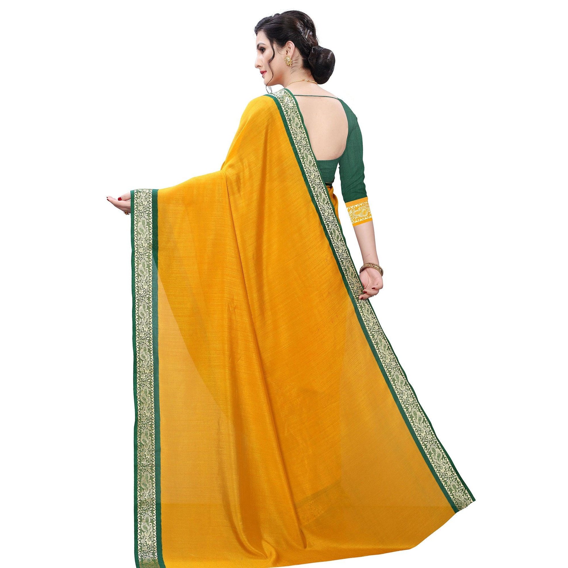 Capricious Mustard Yellow Colored Festive Wear Woven Vichitra Silk Saree