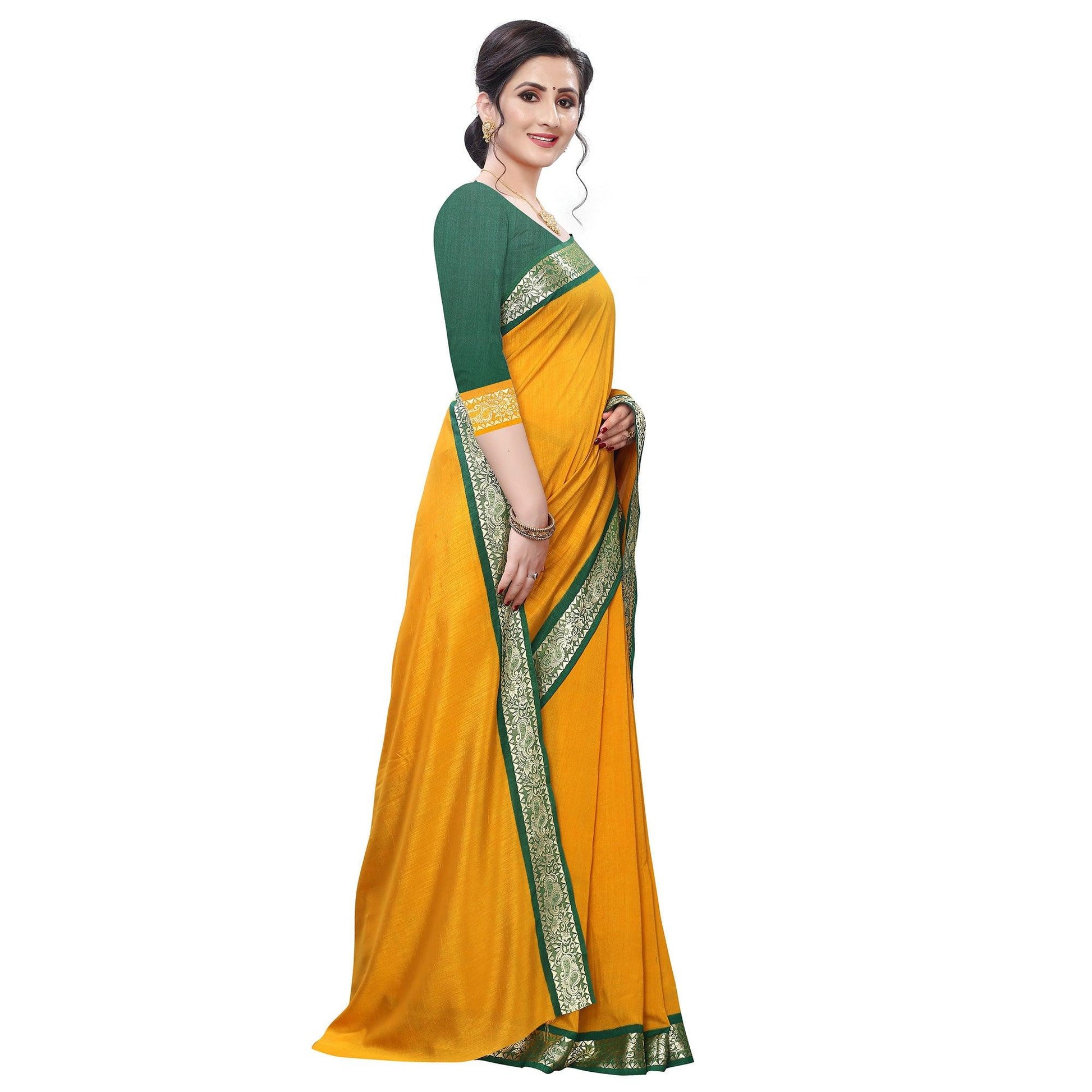 Capricious Mustard Yellow Colored Festive Wear Woven Vichitra Silk Saree