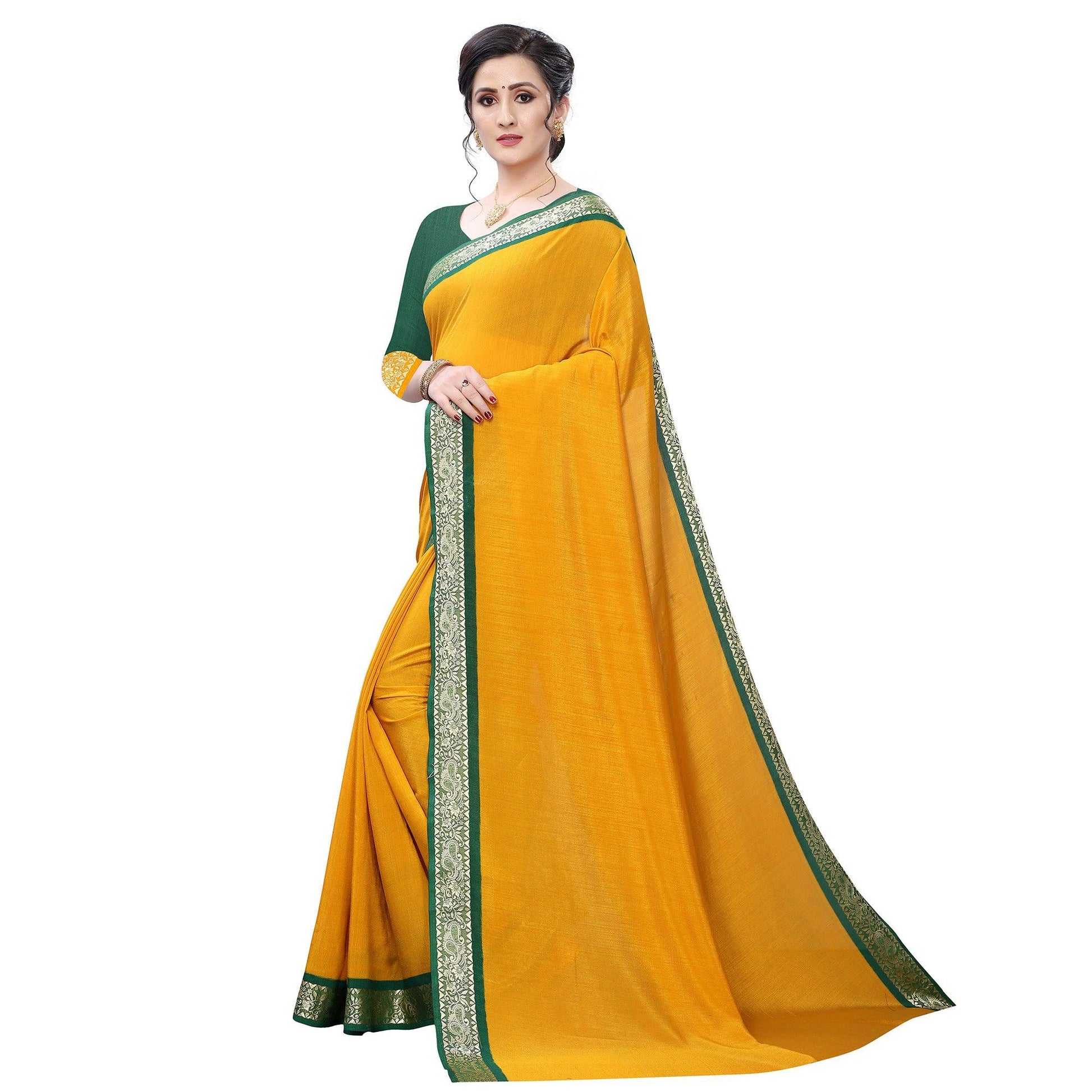 Capricious Mustard Yellow Colored Festive Wear Woven Vichitra Silk Saree