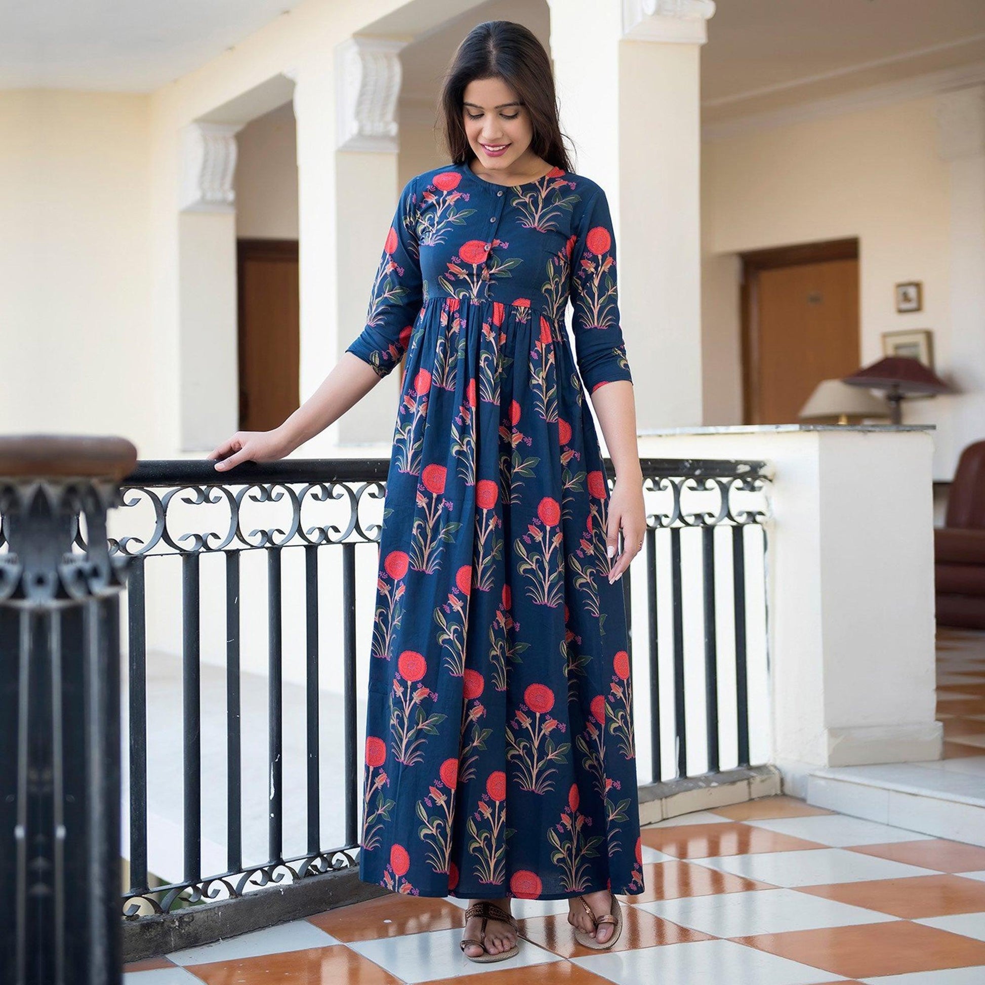 Capricious Navy Blue Colored Casual Printed Muslin Blend Gown