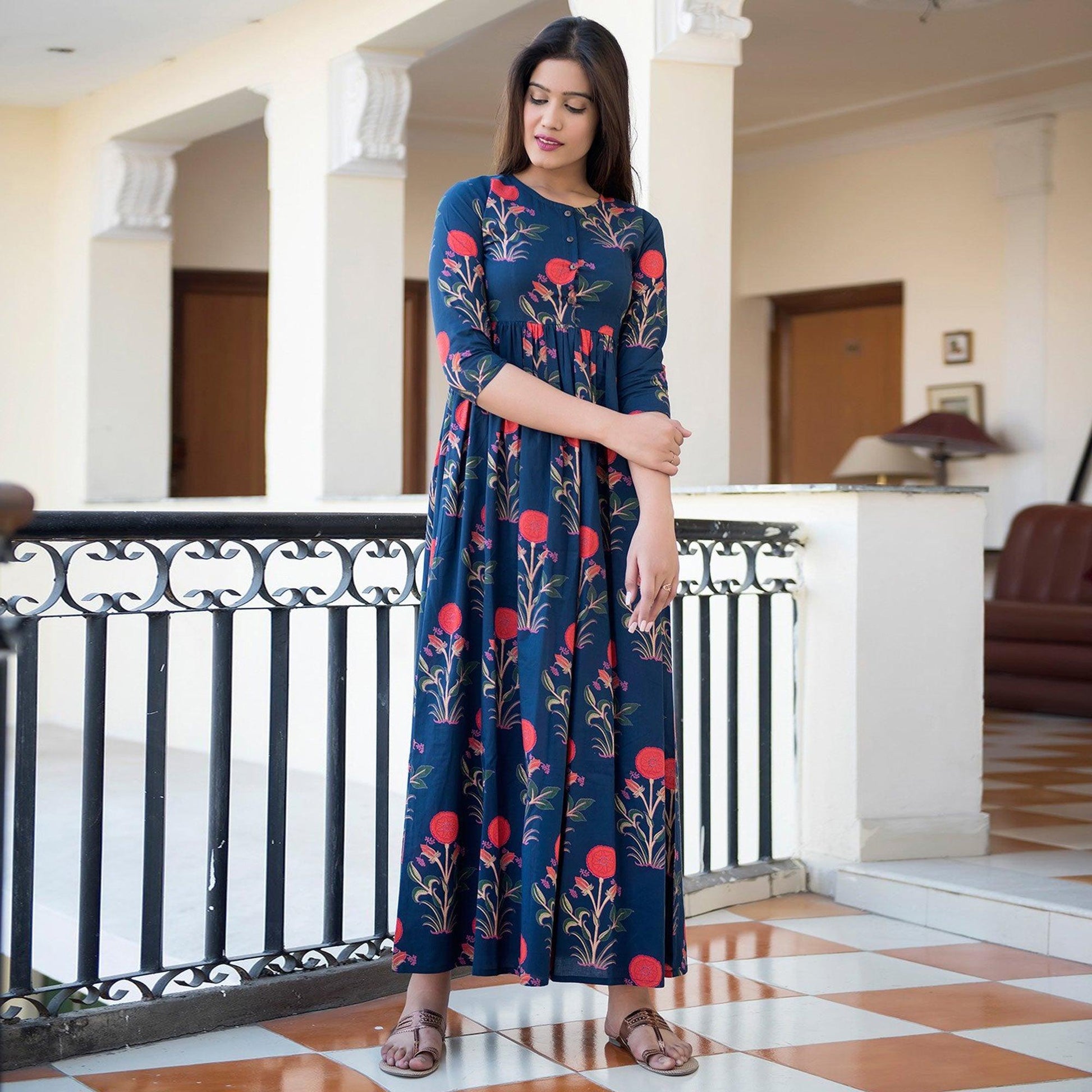 Capricious Navy Blue Colored Casual Printed Muslin Blend Gown
