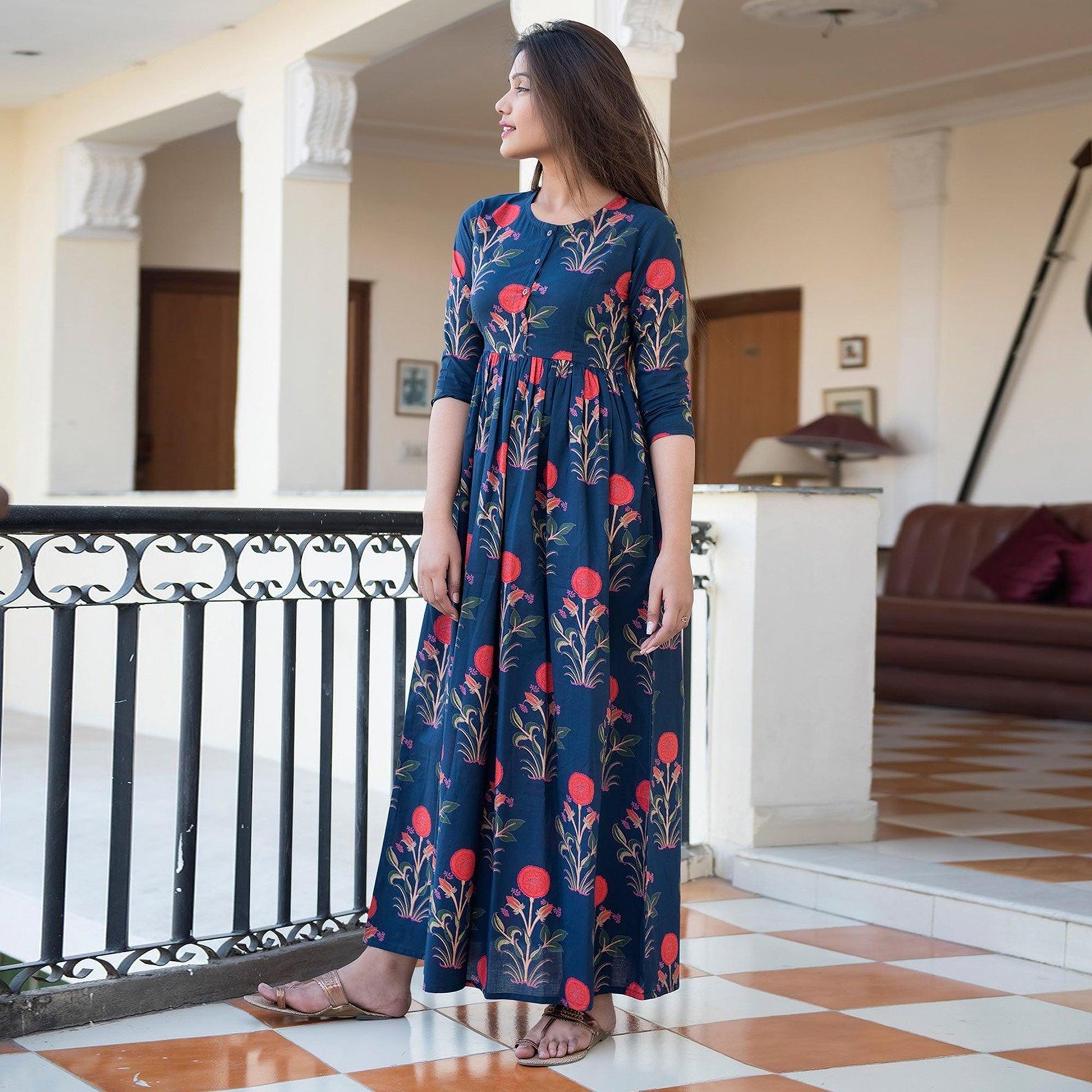Capricious Navy Blue Colored Casual Printed Muslin Blend Gown