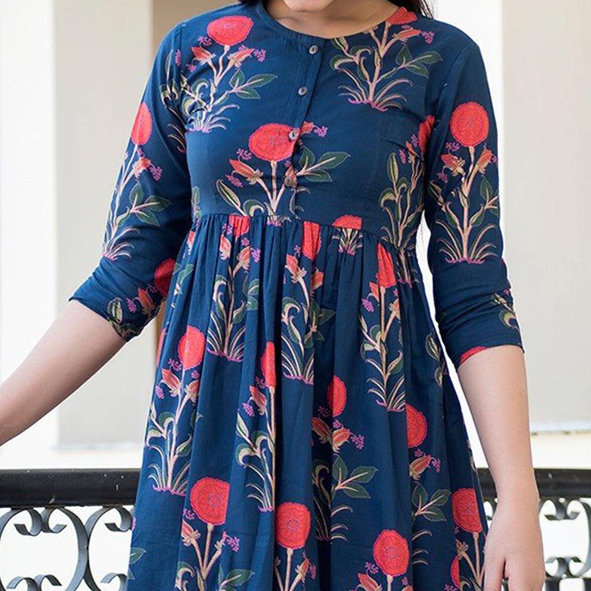 Capricious Navy Blue Colored Casual Printed Muslin Blend Gown