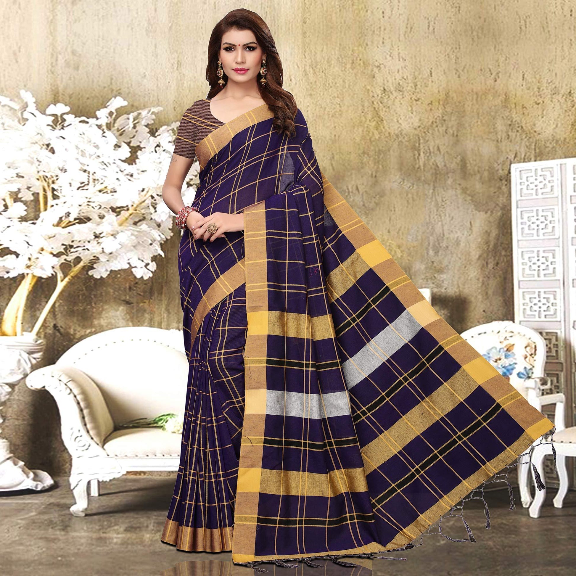 Capricious Navy Blue Colored Festive Wear Checks Print Pure Linen Saree
