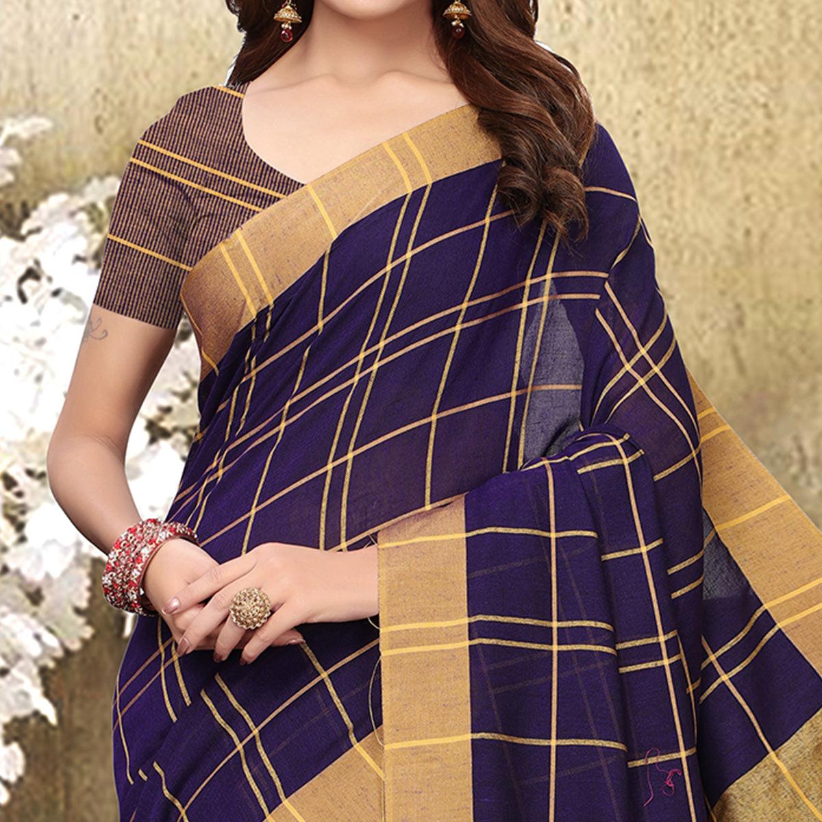 Capricious Navy Blue Colored Festive Wear Checks Print Pure Linen Saree