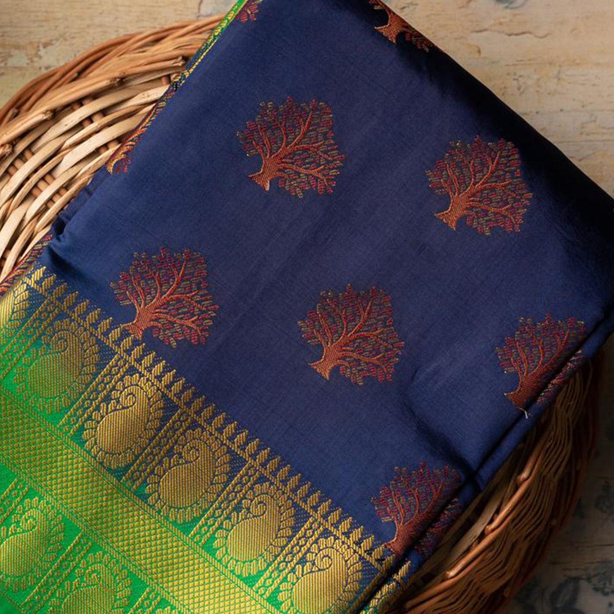 Capricious Navy Blue Colored Festive Wear Woven Art Silk Saree