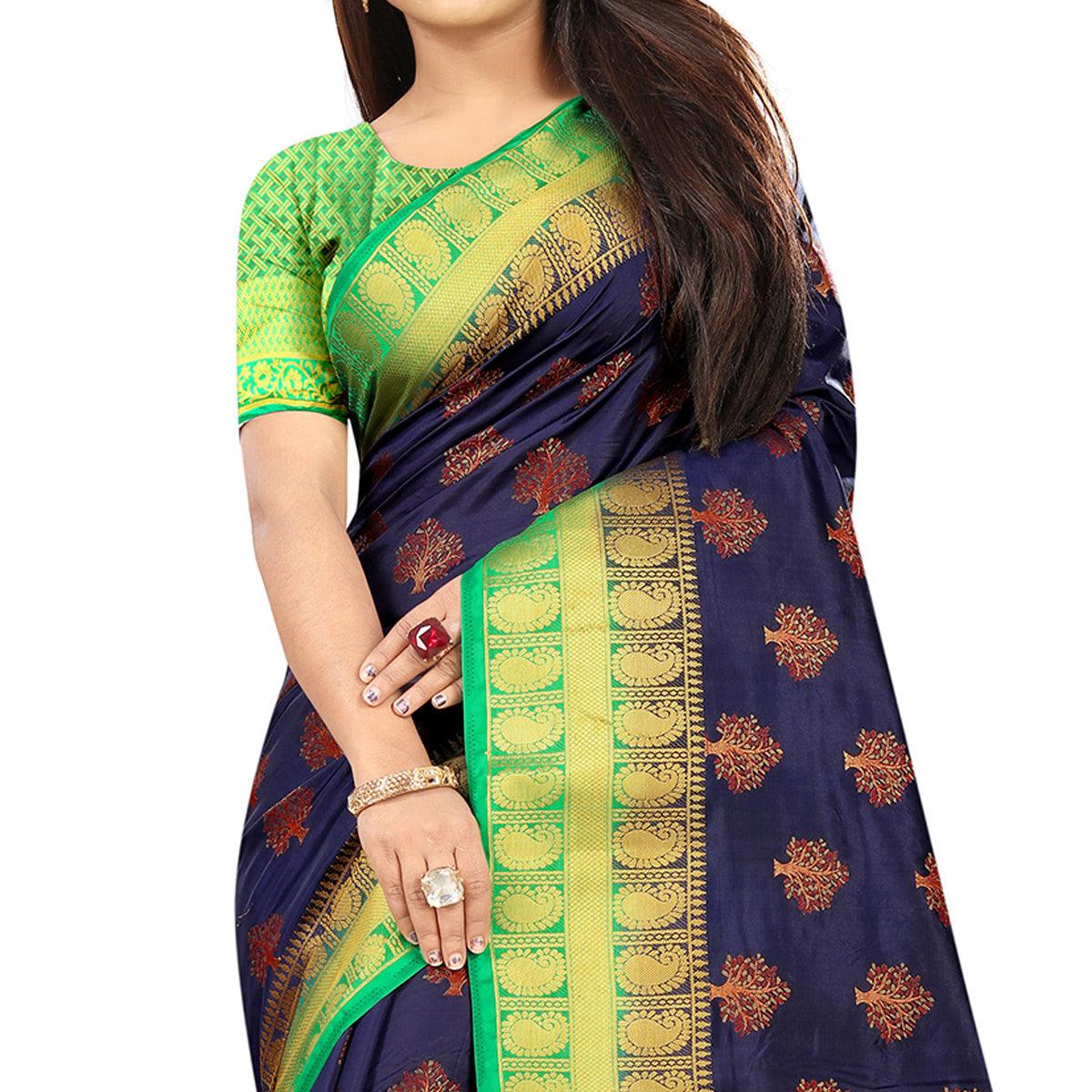 Capricious Navy Blue Colored Festive Wear Woven Art Silk Saree