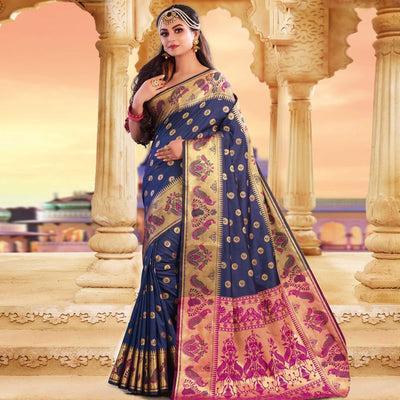 Capricious Navy Blue Colored Festive Wear Woven Silk Saree