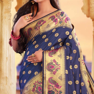 Capricious Navy Blue Colored Festive Wear Woven Silk Saree