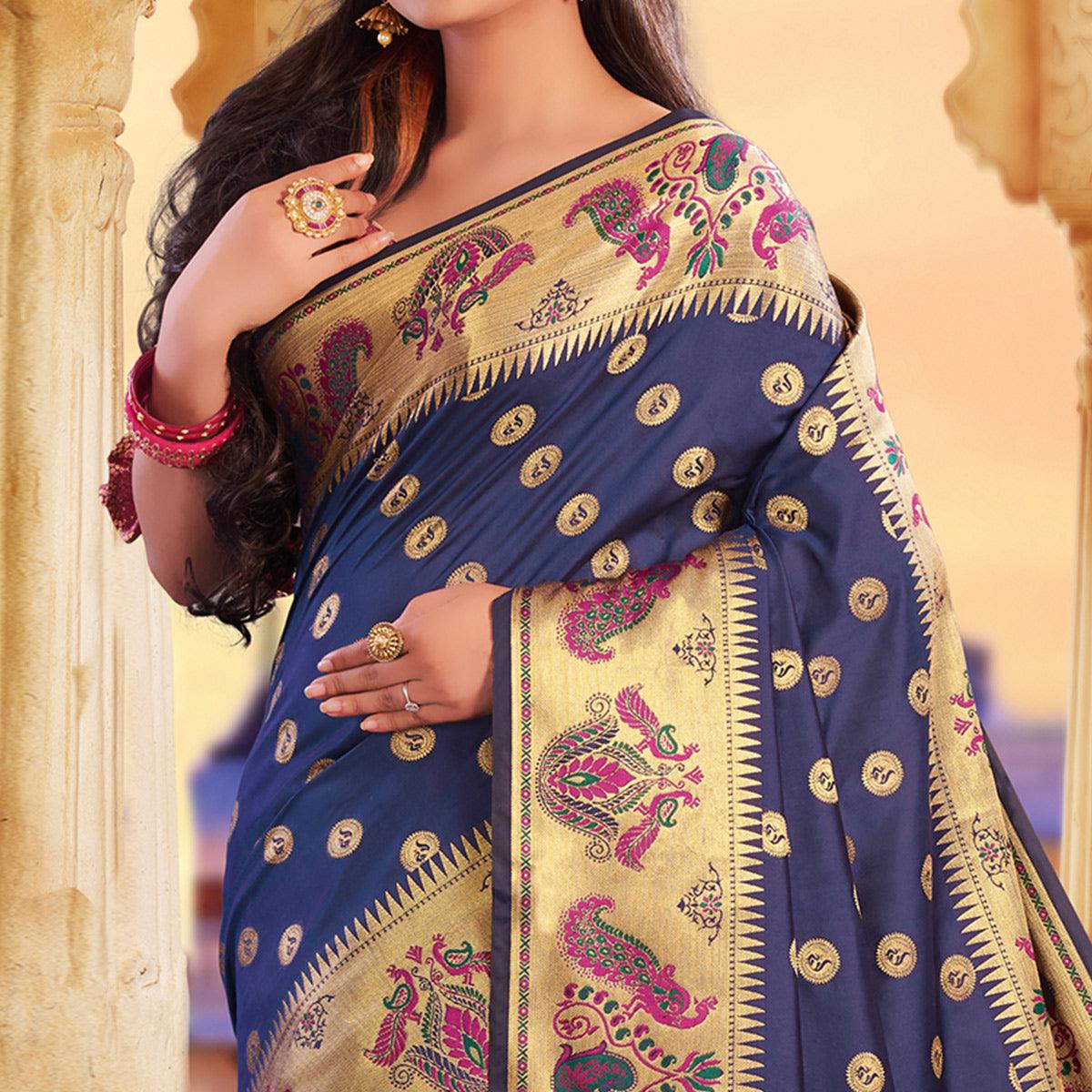 Capricious Navy Blue Colored Festive Wear Woven Silk Saree