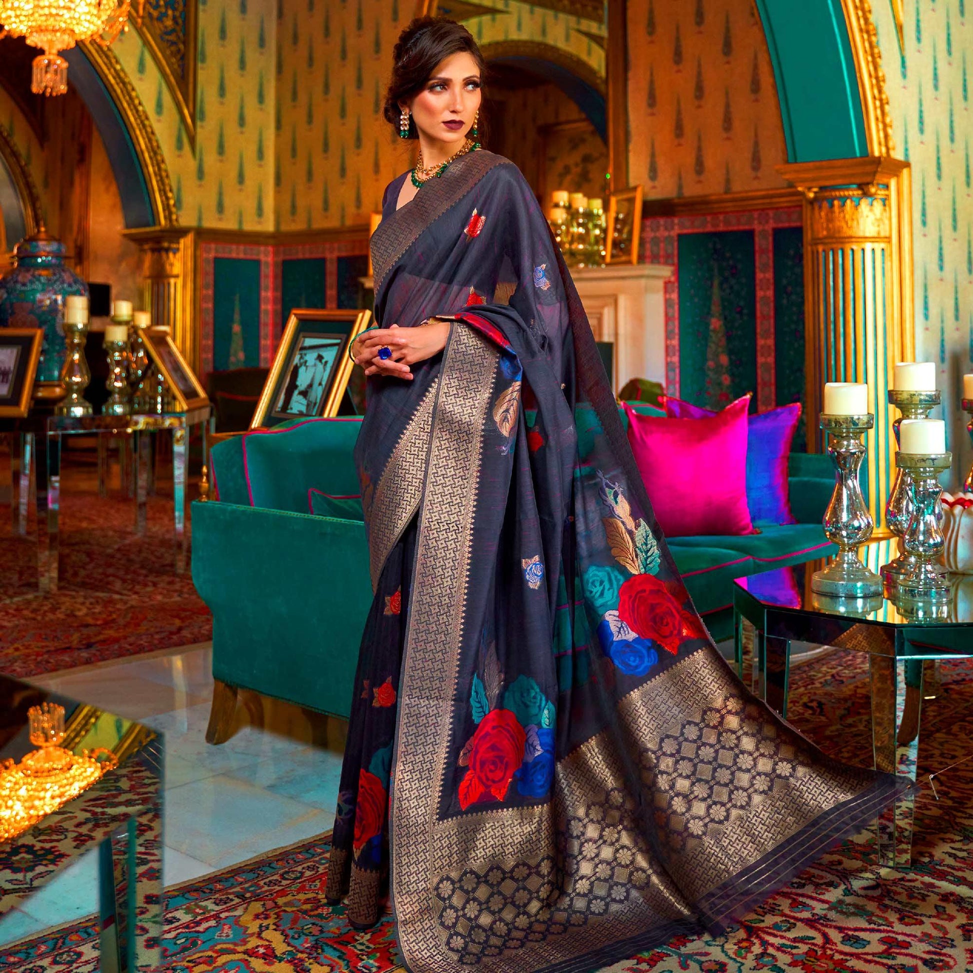 Capricious Navy Blue Coloured Festive Wear Woven Multi Slub Soft Silk Saree