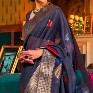 Capricious Navy Blue Coloured Festive Wear Woven Multi Slub Soft Silk Saree