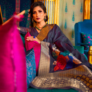 Capricious Navy Blue Coloured Festive Wear Woven Multi Slub Soft Silk Saree