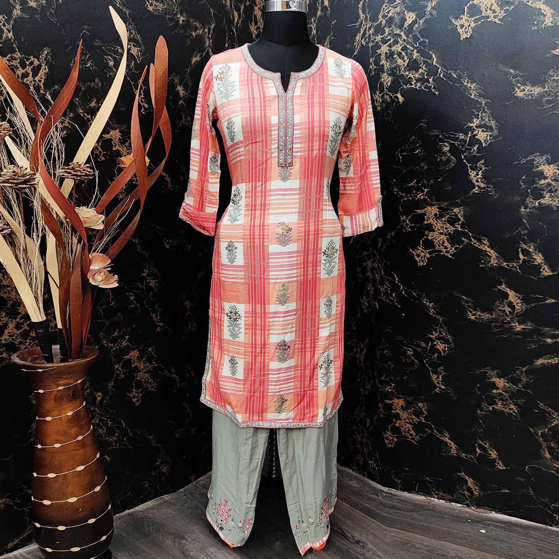 Capricious Peach Colored Casual Wear Embroidered Rayon Kurti - Palazzo Set