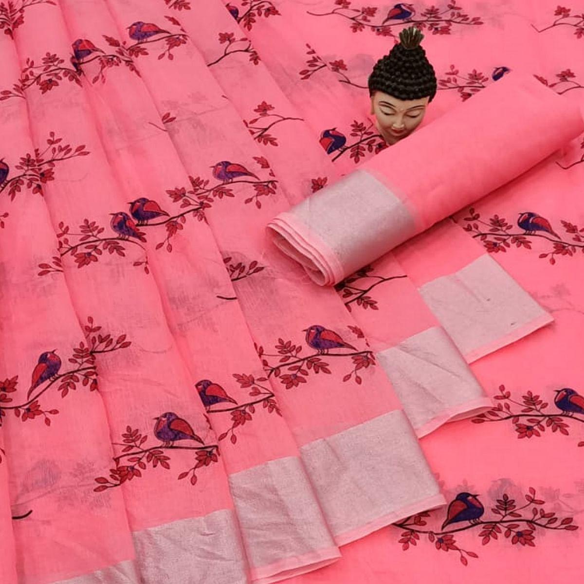Capricious Peach Colored Casual Wear Printed Cotton Linen Saree