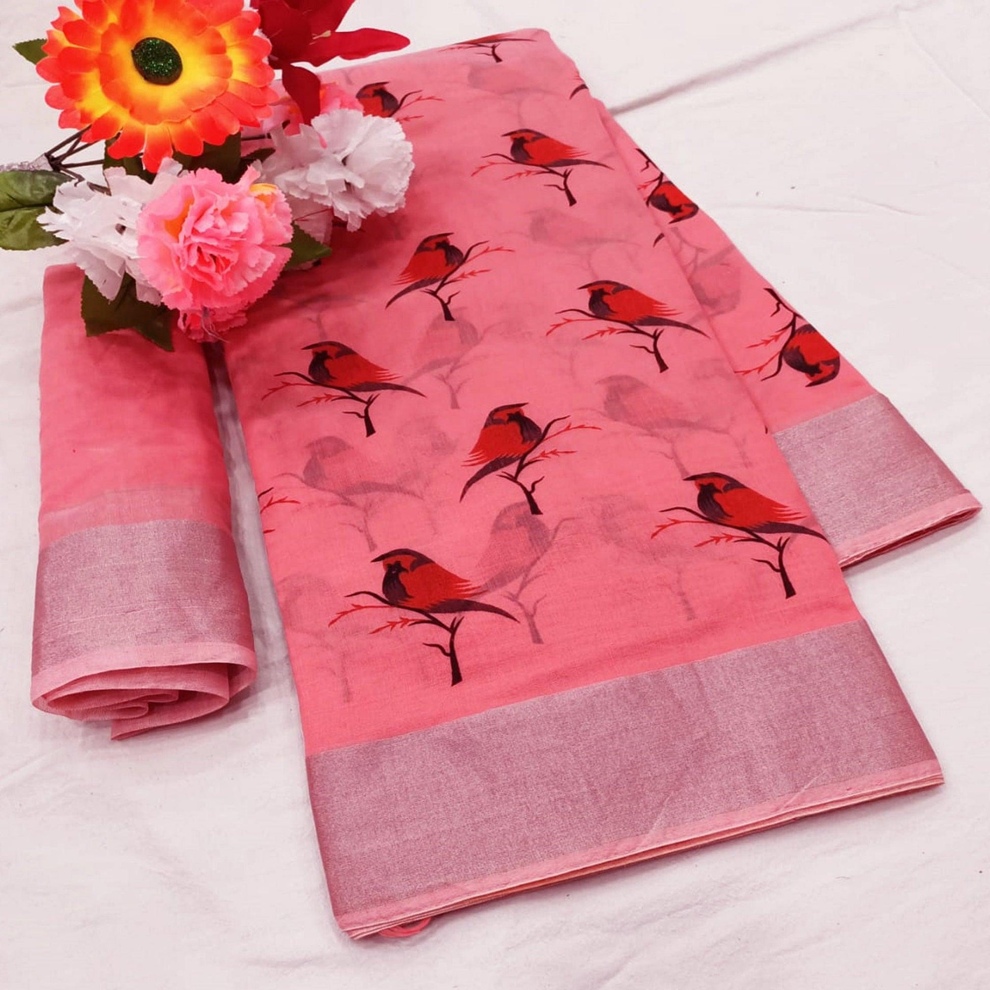 Capricious Peach Colored Casual Wear Printed Cotton Linen Saree
