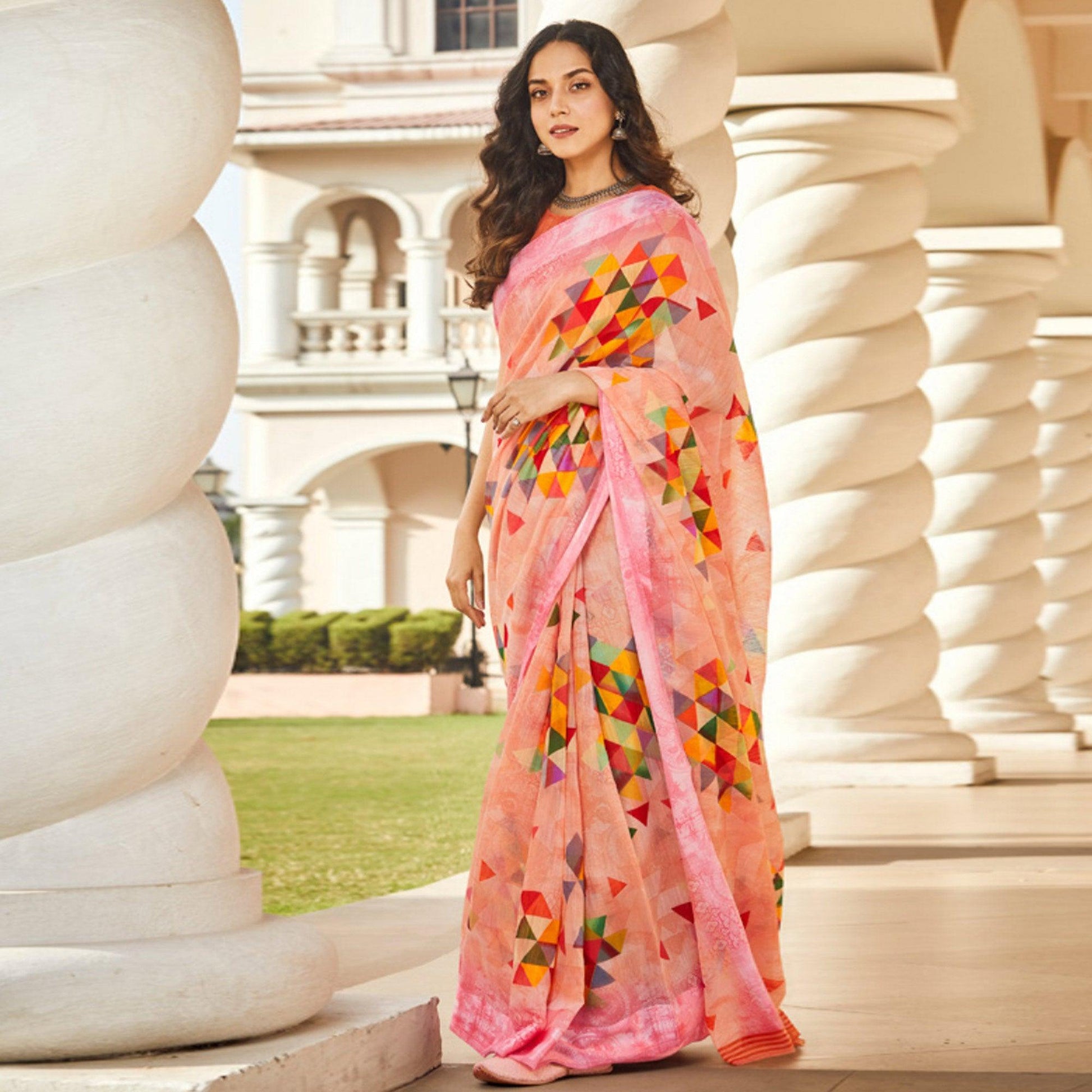 Capricious Peach Colored Casual Wear Printed Linen - Cotton Saree