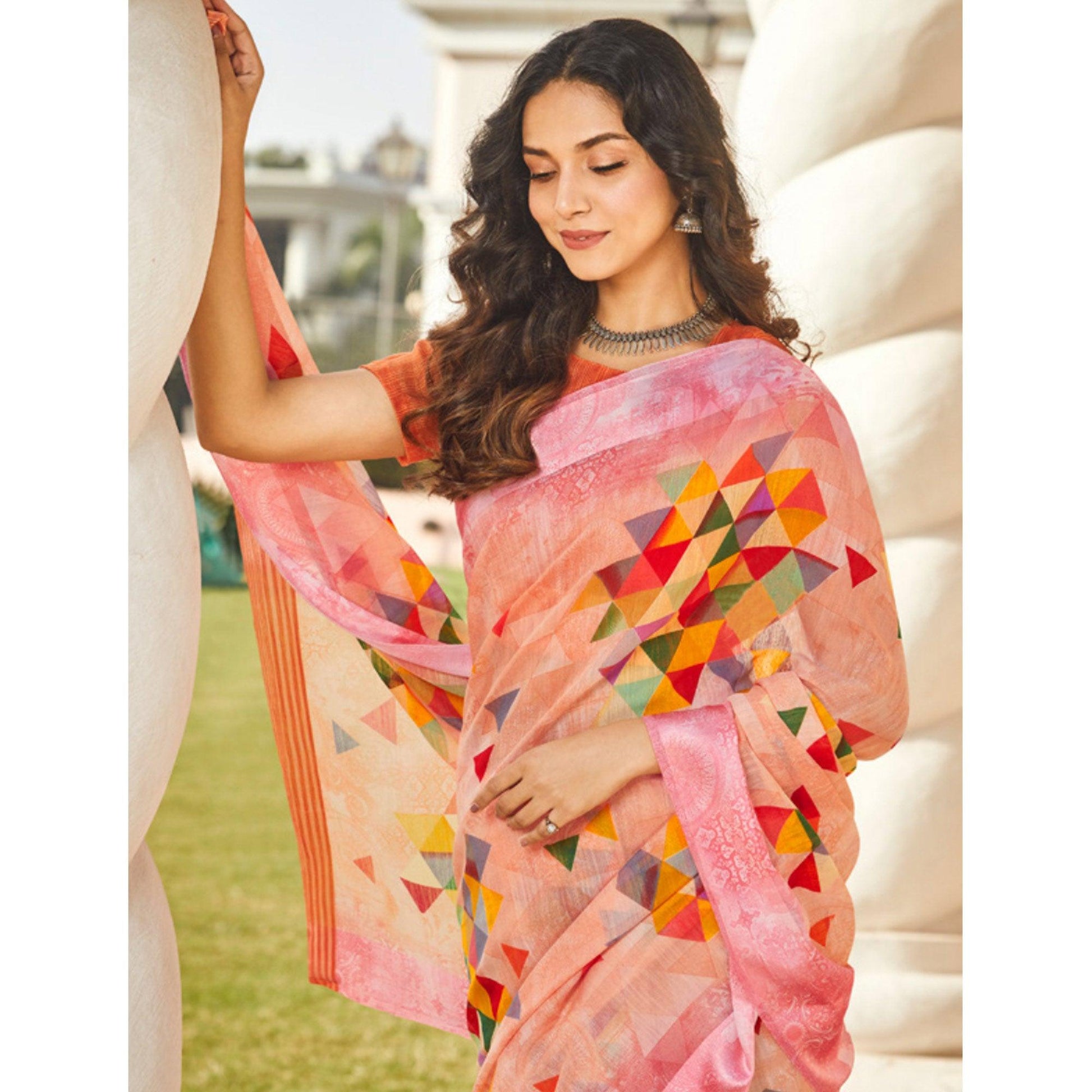 Capricious Peach Colored Casual Wear Printed Linen - Cotton Saree